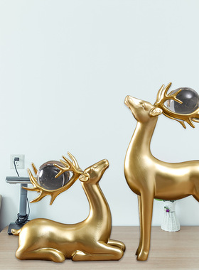 水晶球转运鹿树脂摆件书房客厅展示柜装饰品家居样板房电视柜道具