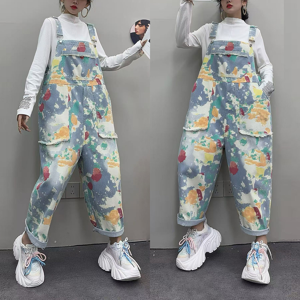 彩绘牛仔背带裤女宽松九分裤大码时髦洋气吊裆垮裤趣味