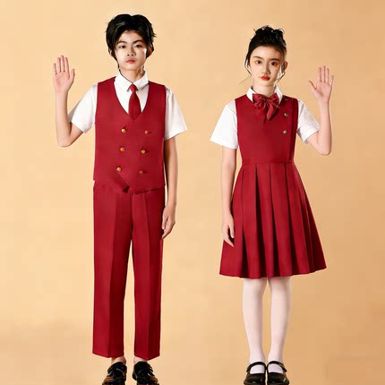 儿童合唱演出服男女童红色爱国诗歌朗诵表演服中小学生主持礼服