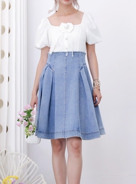 安所ANSUO专柜正品女装2025夏撞色拼接泡泡短袖牛仔连衣裙GX1L015