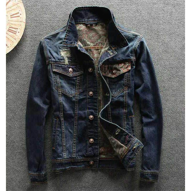 牛仔外套男高级感潮春秋季短款破洞修身服复古衣怀旧夹克蓝色褂子