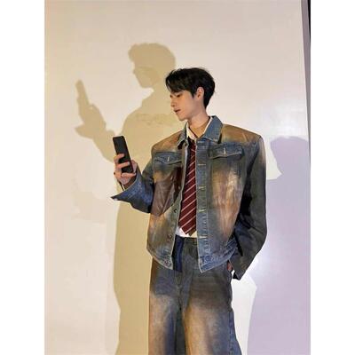 韩系高街泥染做旧短款牛仔夹克春秋废土风时尚套装rfit裤子男