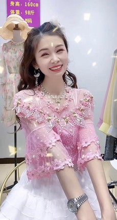 韩版蕾丝立体花朵上衣女夏装2023新款超仙甜美短袖雪纺洋气小衫潮