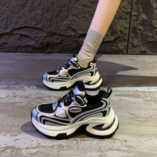 2026春秋网面网红爆款6厘米厚底小个子增高银色运动休闲老爹鞋女