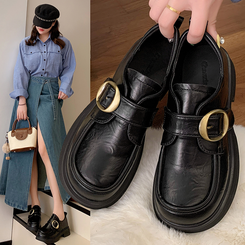 网红时尚厚底小皮鞋2025年新款春秋女百搭显脚小洋气休闲乐福潮鞋