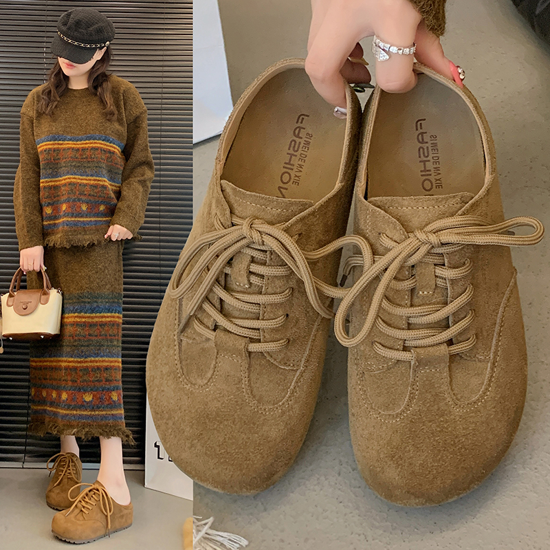 2025春秋网红爆款磨砂皮勃肯鞋女时尚系带一脚蹬增高洋气休闲鞋潮