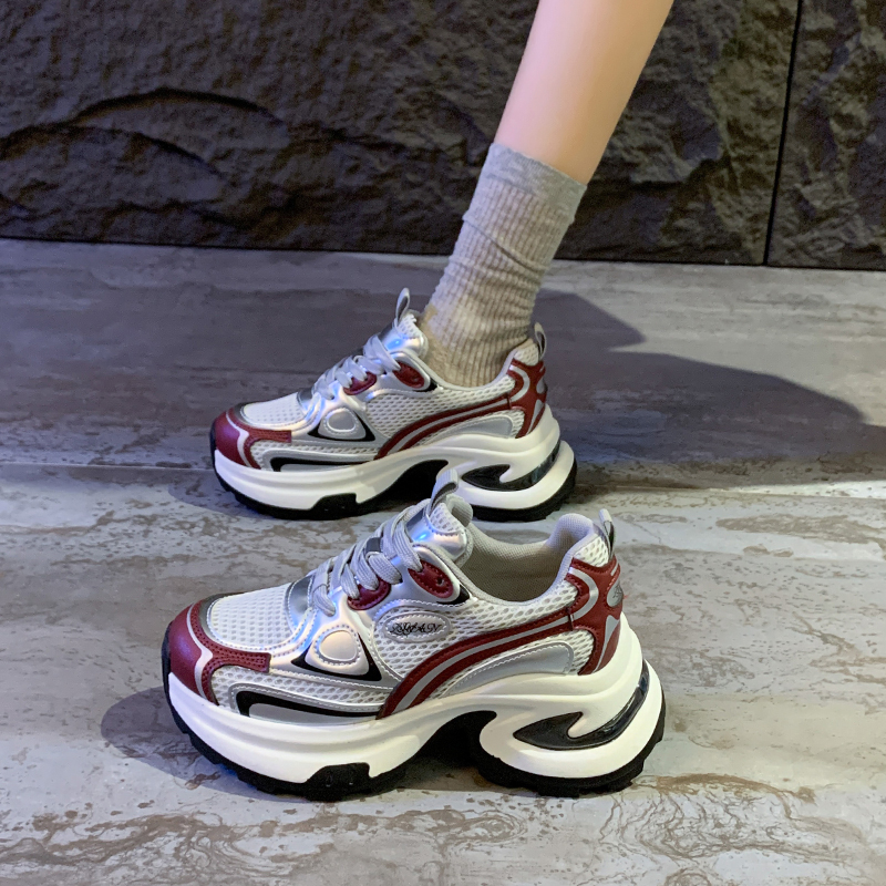 2025秋冬加绒网红爆款6cm厚底老爹鞋女小个子增高银色运动休闲鞋