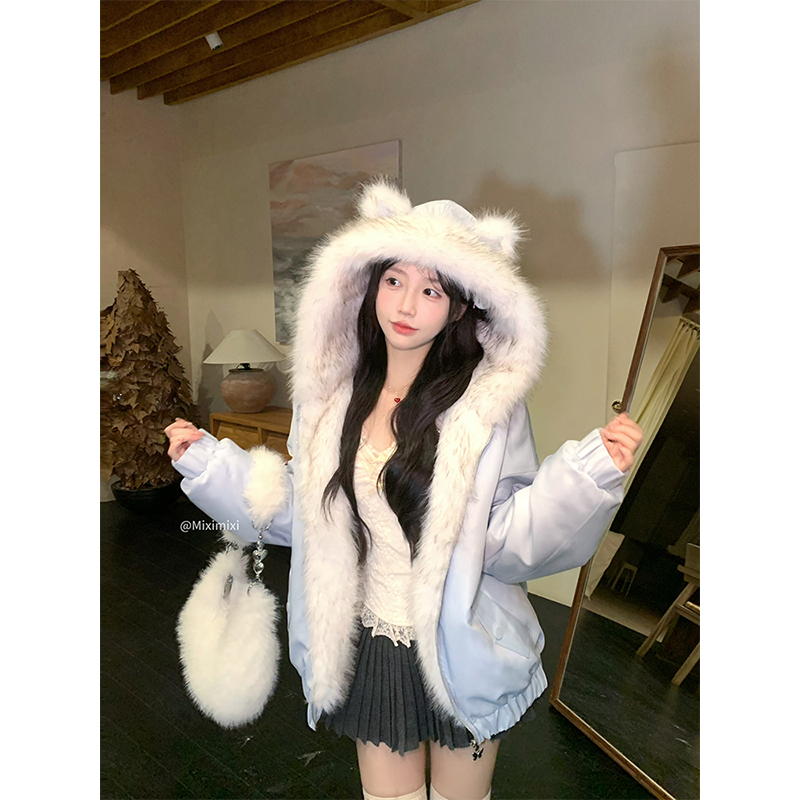 冬季甜美连帽保暖两穿毛毛外套