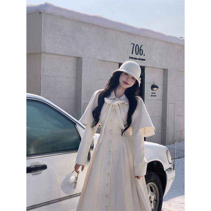 法式显瘦收腰长款披肩外套连衣裙