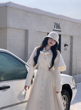 【瑞茜】白月光 冬季复古法式显瘦收腰长款披肩外套连衣裙R5582Y