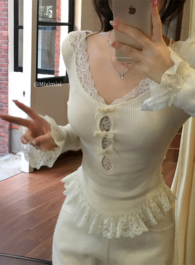 【瑞茜】秋冬甜美休闲风蕾丝修身显瘦设计感长袖打底R6908-1H