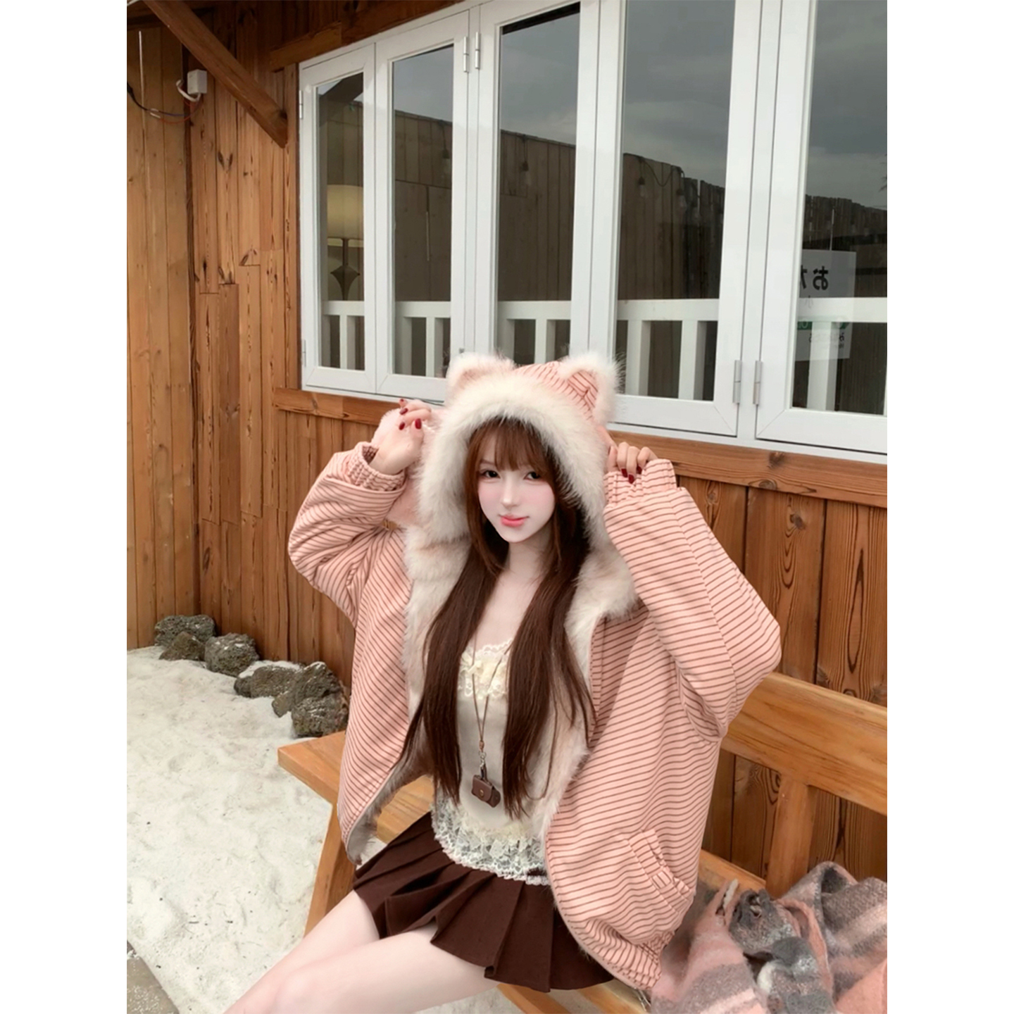 【瑞茜】暖冬小咪 冬季甜美连帽保暖两穿毛毛外套上衣 R9318D