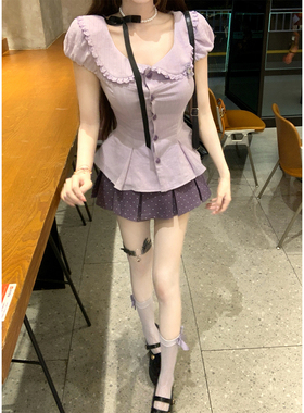 【瑞茜】芋泥啵啵 欲辣妹风短袖衬衫上衣裙子 R66613-1H