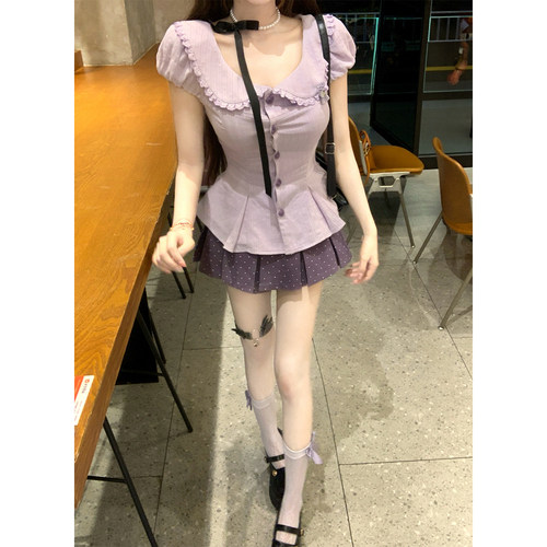 【瑞茜】芋泥啵啵 欲辣妹风短袖衬衫上衣裙子 R66613-1H