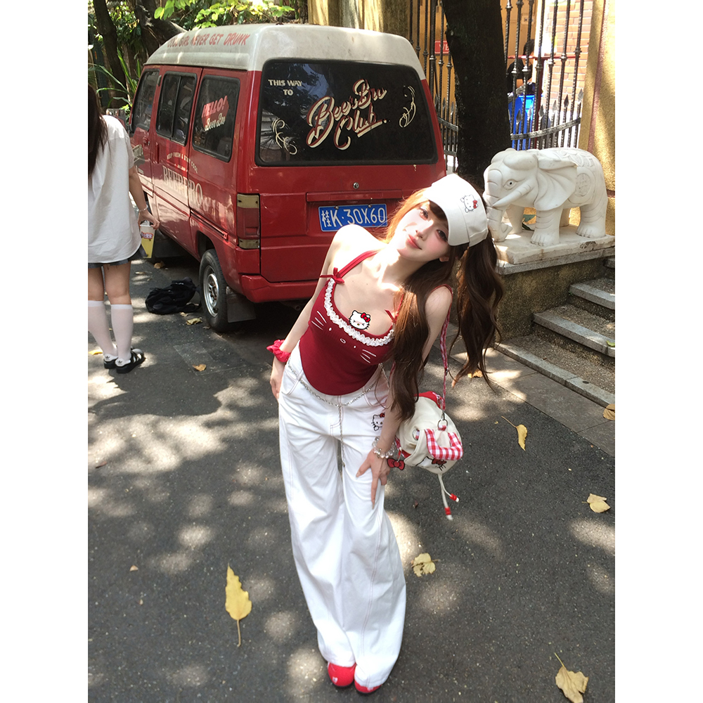 【瑞茜】凯蒂少女 夏季网红风甜辣上衣高腰阔腿长裤R7008-1V