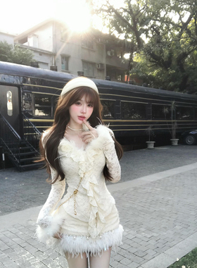 【瑞茜】京都贵女 冬季甜美修身显瘦蕾丝上衣半身裙R66503-2H