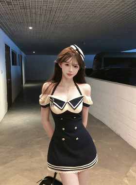 【瑞茜】航海日志 夏季学院风显瘦辣妹收腰撞色连衣裙R1049T