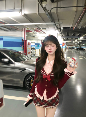 【瑞茜】草莓圣代 秋冬学院风显瘦假两件上衣半身裙R66399-1H