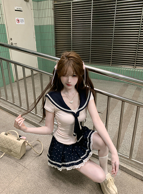 【瑞茜】南韩女高 夏学院风小众设计海军领上衣短裙 R1005-1T