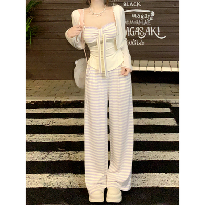 【瑞茜】芋泥奶冻 慵懒式纯欲风条纹长裤R2666-1L