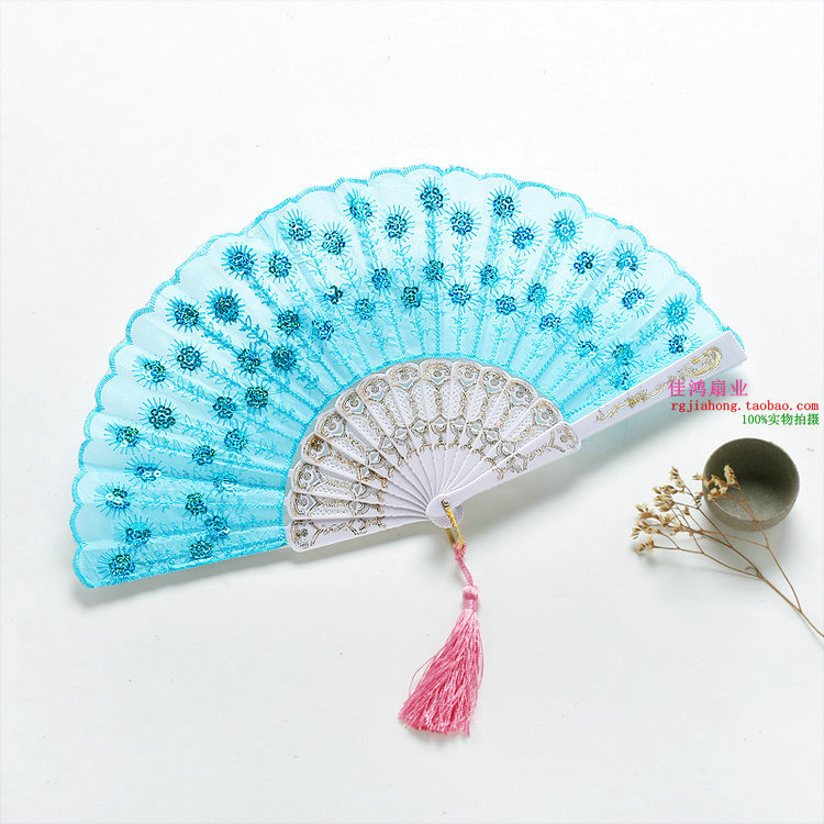 diy折扇手工扇子成品咏春跳舞扇子孔雀亮片古风折扇女扇小扇子