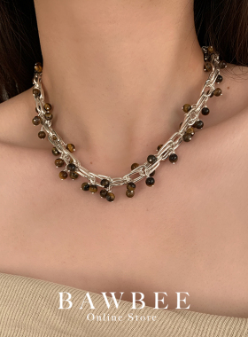 虎眼石铜镀金女流苏项链