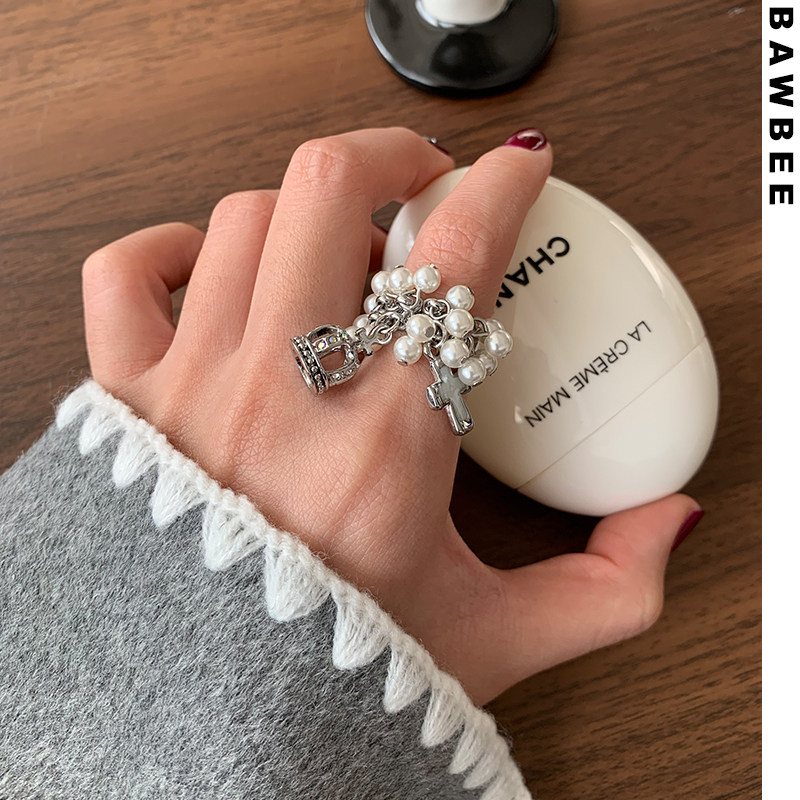 女铜镀白金小众流苏戒指