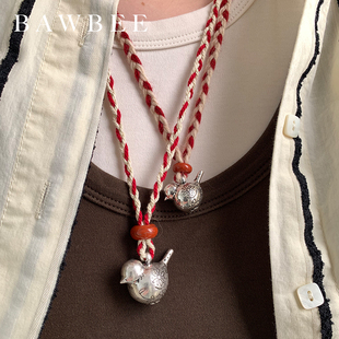BAWBEE满足鸟立体毛线编织项链小众设计气质长款红色可调节毛衣链