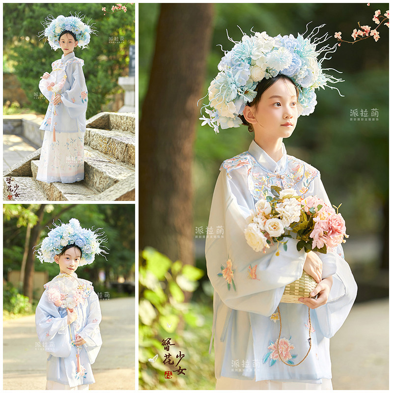 新款外景蓝色簪花主题5岁-12岁女童拍照衣服儿童摄影服装写真照