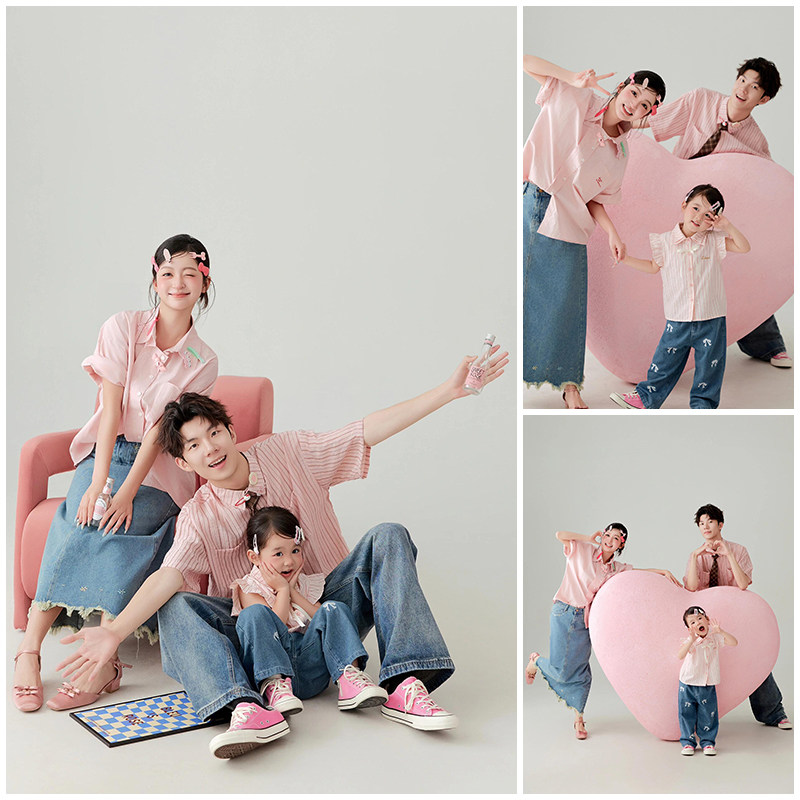 新款粉色衬衫牛仔裤套装全家福亲子装一家三口摄影服装影楼写真照