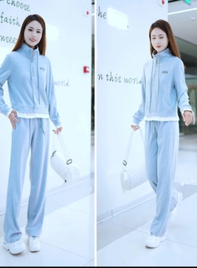 24078时尚休闲运动套装女春秋季减龄假两件立领卫衣阔腿裤两件套