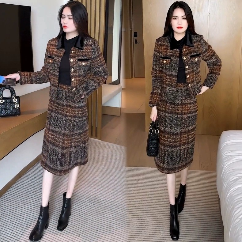 英伦风格纹毛呢时尚套装女2025秋冬新款气质显瘦上衣连衣裙两件套,女装/女士精品,时尚套装,淘宝优惠券,粉丝福利购,淘宝优惠卷