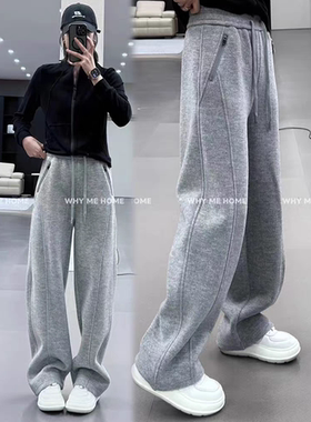 羊毛呢弯刀裤女加绒冬季2025新款灰色高腰直筒显瘦运动休闲阔腿裤