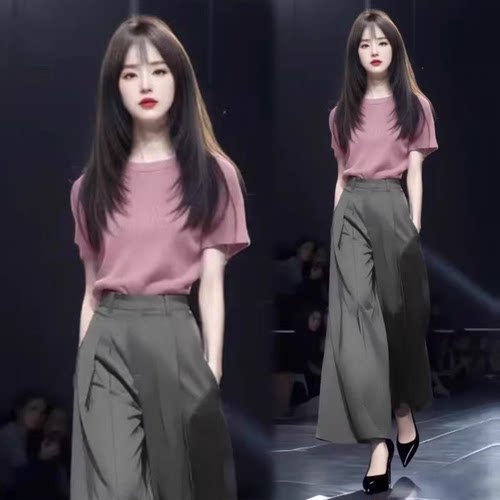 时尚套装女2026夏季新款洋气显瘦冰丝短袖高腰阔腿裤气质两件套潮