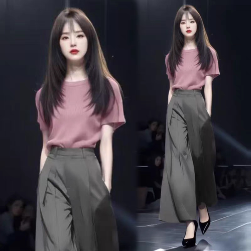 时尚套装女2026夏季新款时髦洋气短袖T恤高腰阔腿裤气质两件套潮