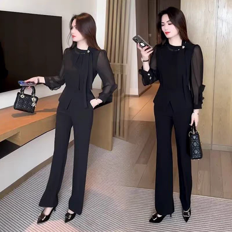 新中式时尚套装女士春秋新款盘扣圆领雪纺上衣高腰长裤气质两件套