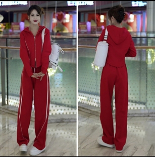 7732秋季新款安可拉红运动休闲套装女连帽拉链上衣减龄时尚阔腿裤