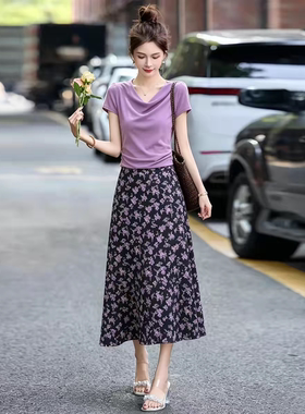 设计感一字肩紫色短袖T恤碎花半身裙女夏季两件套洋气质时尚套装