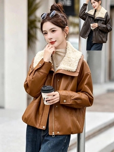 时尚减龄羊羔毛领夹棉加厚皮衣女2026秋冬小个子显瘦pu皮棉服外套