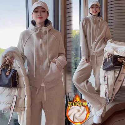 加绒加厚运动服套装女2025秋冬新款百搭宽松连帽卫衣休闲两件套潮