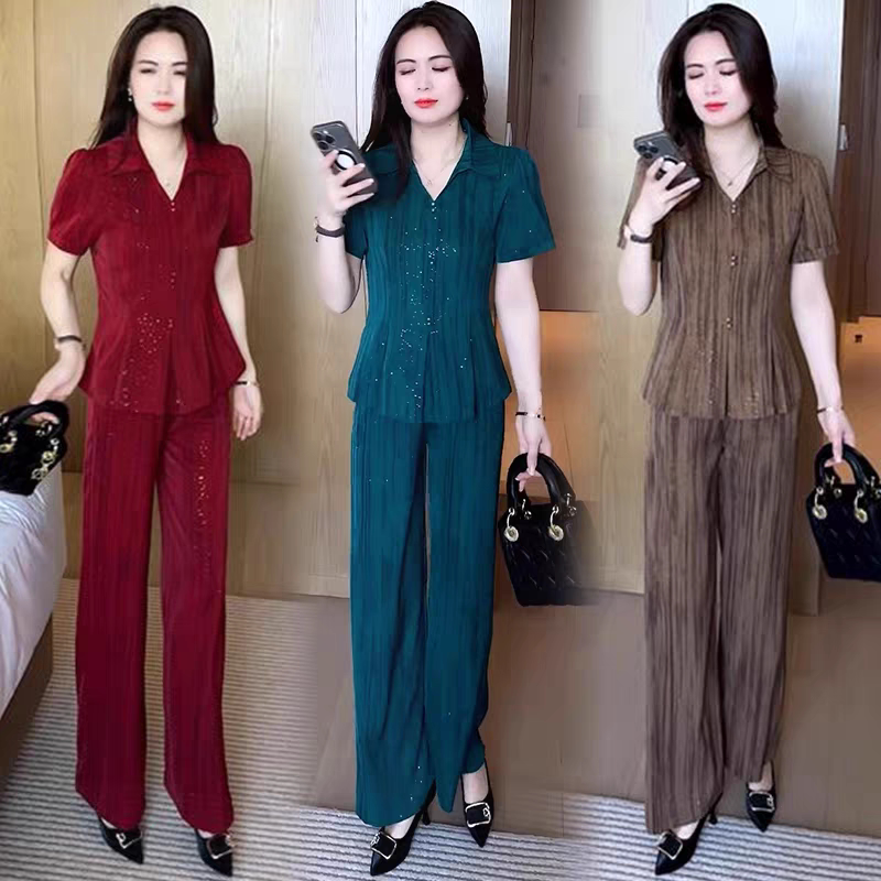 洋气短袖长裤时尚套装女2026夏季冰丝薄款韩版修身显瘦雪纺两件套