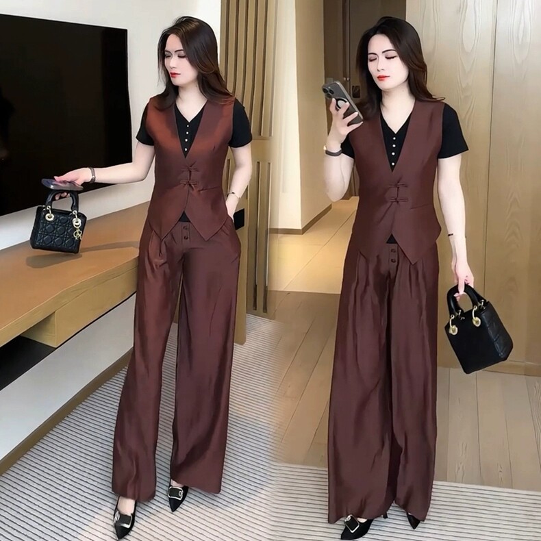 新中式时尚套装女士春秋新款盘扣圆领雪纺上衣高腰长裤气质两件套