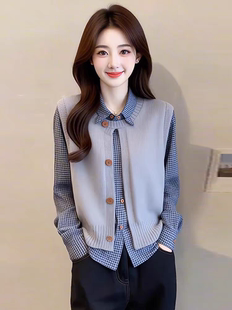 时尚衬衫套装女2026秋季新款洋气显瘦针织背心马甲长袖衬衣两件套