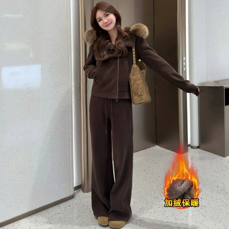 加绒加厚休闲运动套装女冬季新款洋气大毛领连帽外套阔腿裤两件套