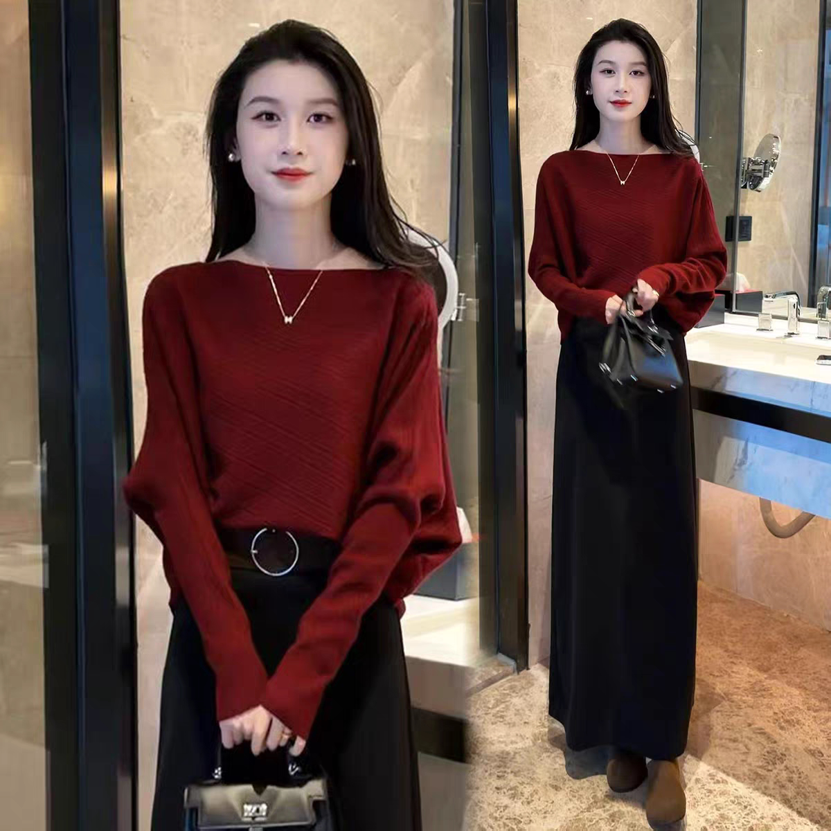 韩式一字肩针织衫女2025秋冬新款小众百搭收腰显瘦毛衣蝙蝠袖上衣