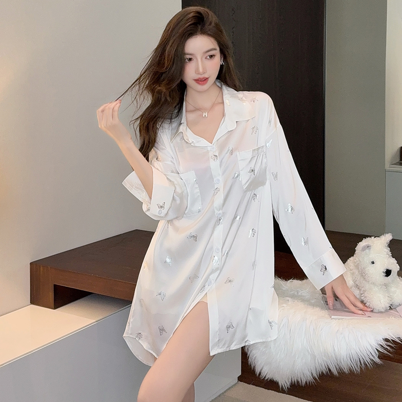 冰丝睡裙夏季丝绸大码长袖家居服