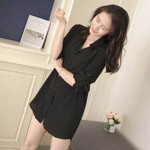 黑色衬衫女长袖百搭中长款打底外穿开衫韩版宽松休闲设计雪纺衬衣