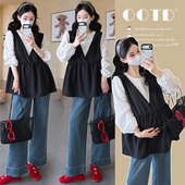 上衣2026新款 春季 韩版 时尚 200斤 大码 假两件拼接气质娃娃衫 孕妇装