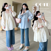 孕妇装 方领衬衣春秋款 秋季 长袖 200斤 上衣蕾丝刺绣减龄娃娃衫 大码