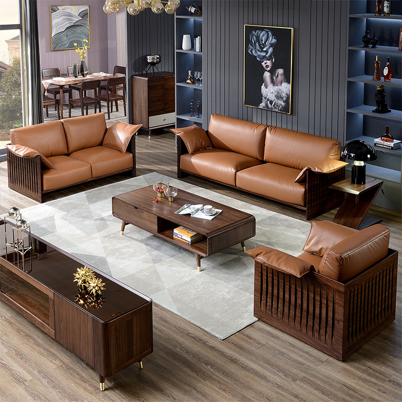 现代简约客厅轻奢实木皮艺沙发